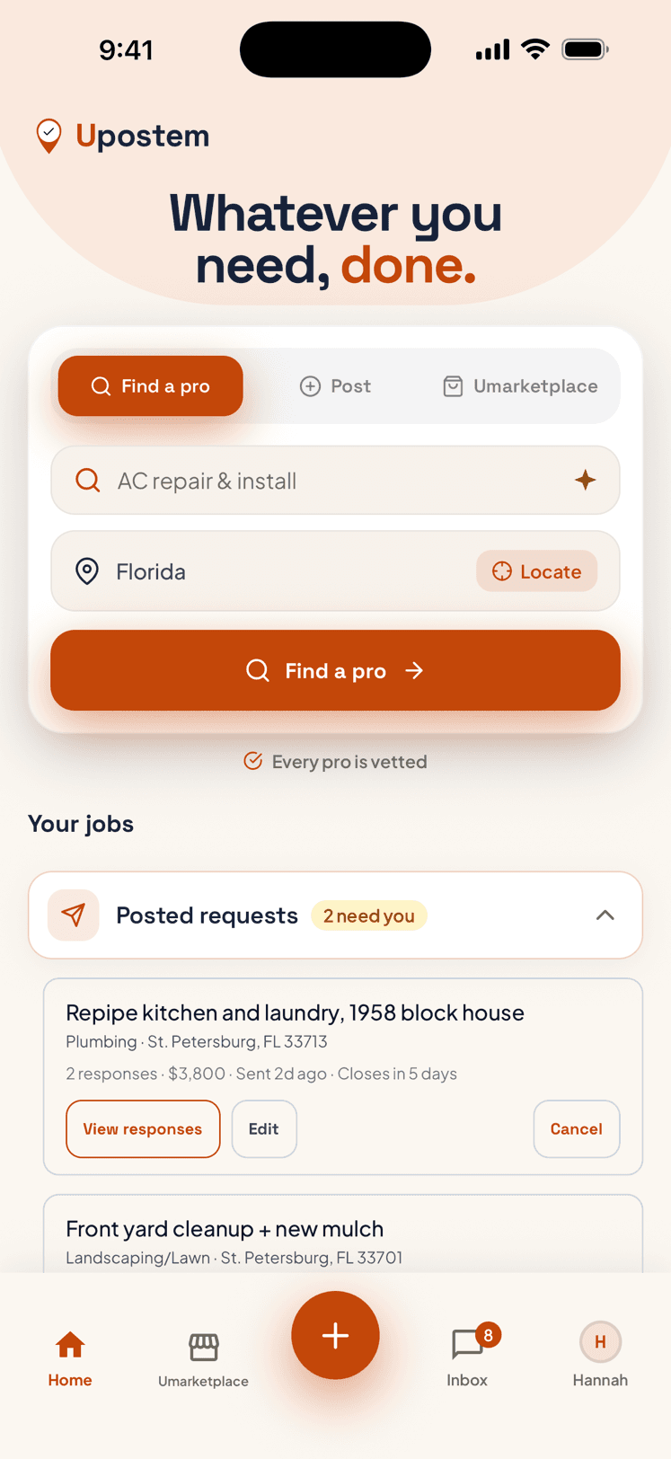 The Upostem app home screen: search for a pro, see your posted jobs, and open your inbox